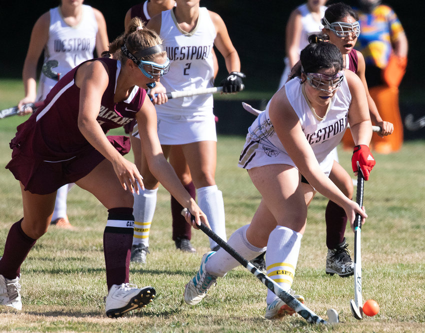 Senior forward Molly Bazinet pushes the ball upfield during the team&rsquo;s 3-0 loss to Bishop Stang on Thursday.