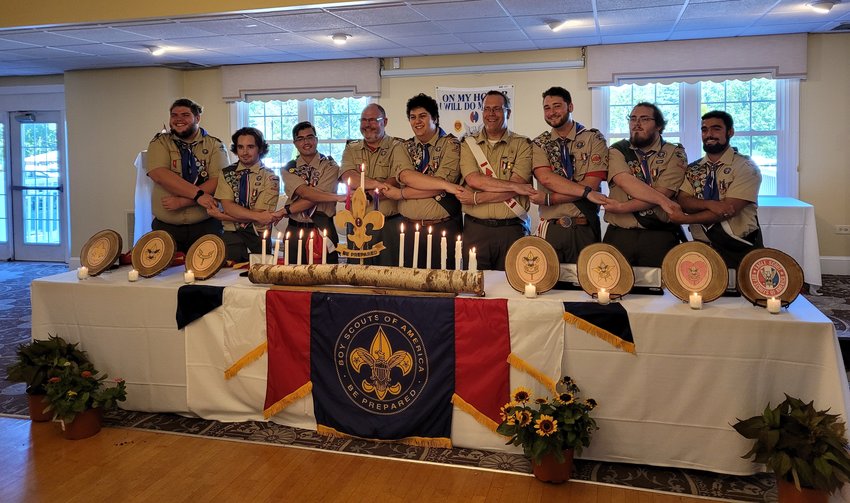 Seven scouts were recently honored at an Eagle Court of Honor. Pictured from left are Jacob Hall, Tyler Resendes, Cameron Arruda, Mike Hall, David Abgrab, Shawn Morley, Aidan Morley, Shawn Landry and Dylan Metivier.