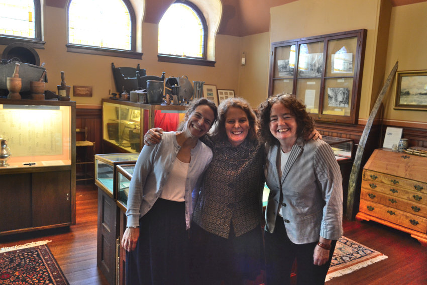 Cataloging &amp; Special Collections Librarian Robin Fitzpatrick, library director Chris Matos, and reference librarian Carol Shedd inside the Charles Whipple Greene Museum at the George Hail Library after discussing the new 3D virtual museum exhibit, now available for browsing.
