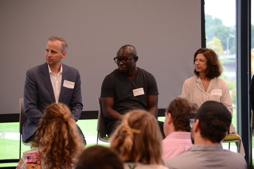 Todd Blount, president of Blount Fine Foods, Bacary Diatta, a Senegal native who started a successful hibiscus-based food company out of Hope &amp; Main, and Lisa Raiola, founder of Hope &amp; Main in Warren, provided thoughts during a panel discussion at the CIC in Providence.
