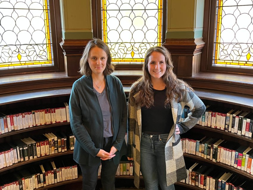 Jill Campanella-Dysart, adult services librarian, and Michaela Hutchinson, youth services librarian, inside the George Hail Free Library.