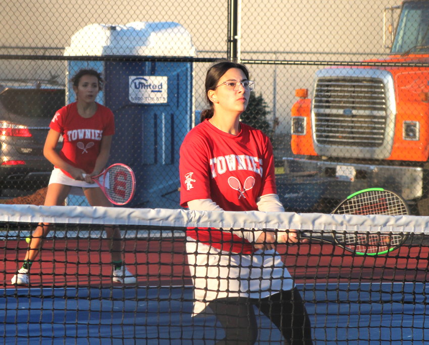 The East Providence No. 3 doubles tandem of Tiana Brierly (left) and Emma Gillheeney earned the deciding point in the Townies' 5-2 win over PCD Wednesday, Oct. 19.