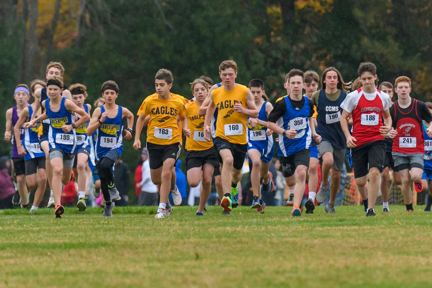 A group of Barrington runners (middle, in yellow shorts) break from the starting line at the state championship race on Sunday. Barrington finished third overall.