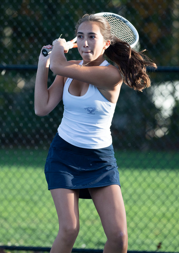 Barrington&rsquo;s number one singles player Sonya Pareek follows through on a backhand shot during the Eagles&rsquo; playoff victory over Mount St. Charles.