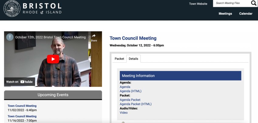 A screenshot from the Town of Bristol&rsquo;s Municode page shows the dashboard for last month&rsquo;s Town Council meeting, where the video of the meeting is available in the top left, the full, searchable agenda packet is in the bottom right, and upcoming meetings are in the bottom left.