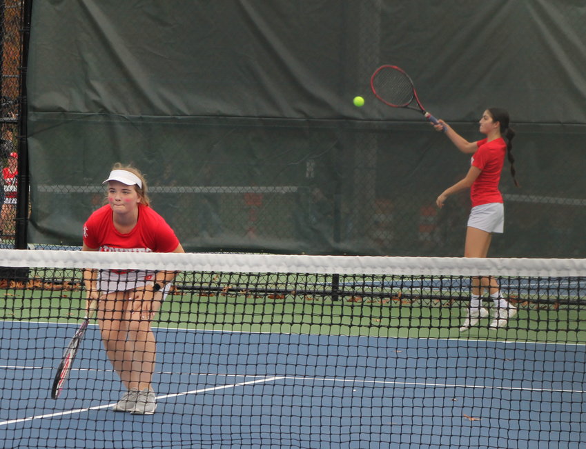The EPHS No. 2 doubles tandem of Paris Martin (left) and Caroline Haggerty play their match against Bay View in the 2022 Division III championship contest November 5. The duo finished undefeated a team 14-0 and individually at 17-0.