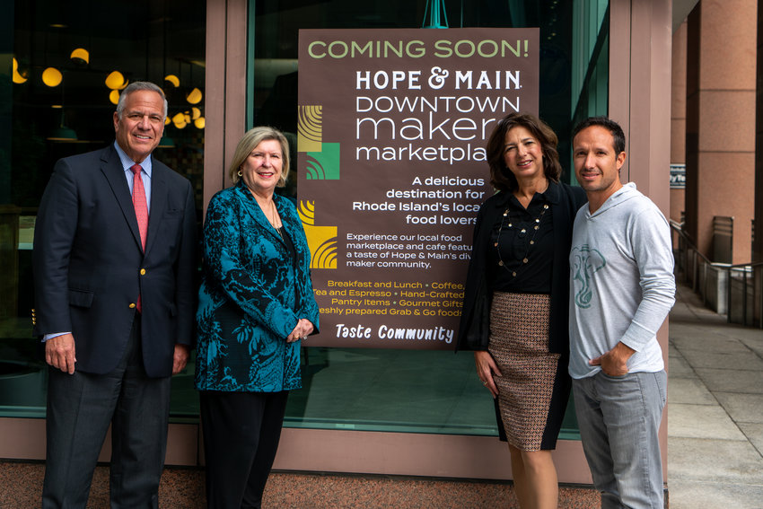 Joe Paolino, Jr., owner of Paolino Properties; Barbara Papitto, founder of the Papitto Opportunity Connection; Lisa Raiola, president and founder, Hope &amp; Main; and Tony Lopez, owner of Schaste&acirc; (a Hope &amp; Main graduate), in front of the space at 100 Westminster St. in Providence.