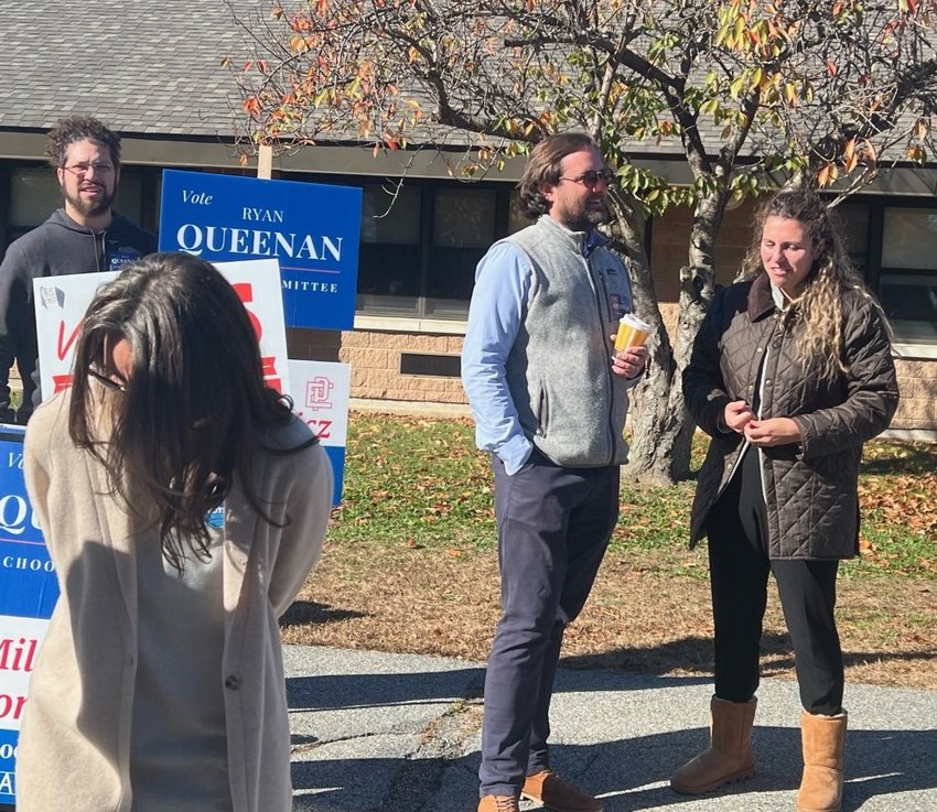 Ward 1 School Committee member-elect Ryan Queenan (center) chats with District 63 State Rep Katherine Kazarian at the Francis School polling place during Election Day 2022, November 8.