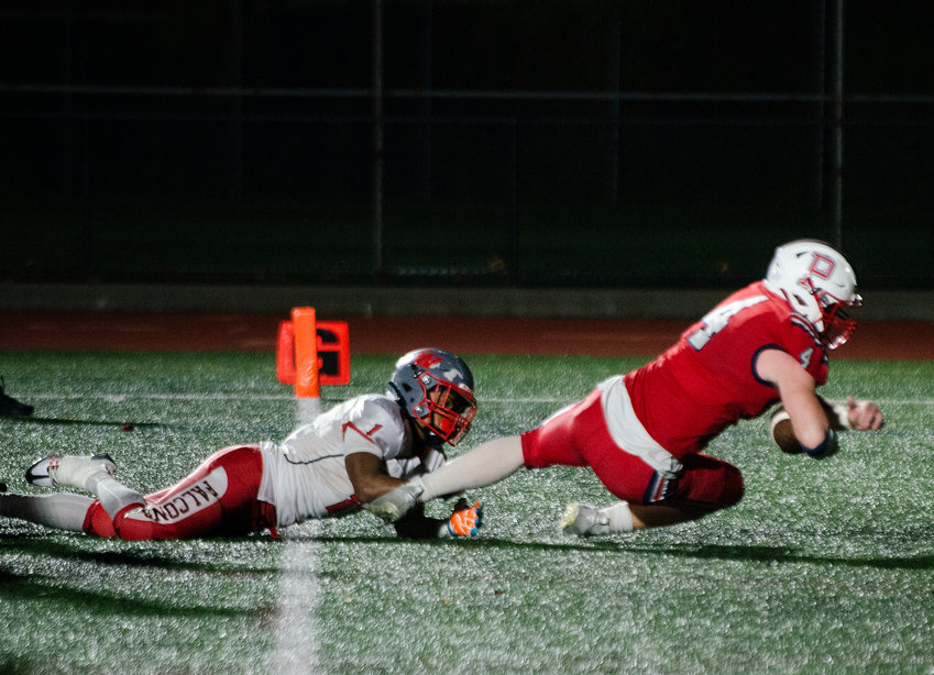 Portsmouth High&rsquo;s Neal Tullson plunges into the end zone for the Patriots&rsquo; third score of the night during the Division II semifinals against Cranston West at home Friday night. The Patriots won, 20-7, and advanced to play in the Super Bowl against St. Raphael Academy at noon on Saturday, Nov. 12, at Cranston Stadium.