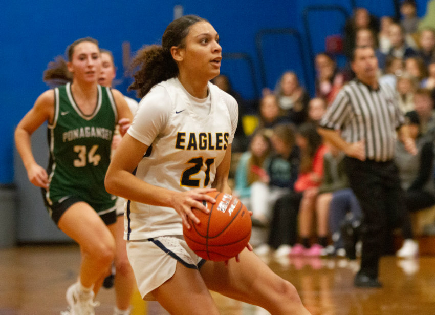 Barrington's Isys Dunphy, shown in a game earlier this season, hit two free throws with time running out and helped the Eagles defeat North Kingstown 47-46 on Wednesday night, Jan. 18.
