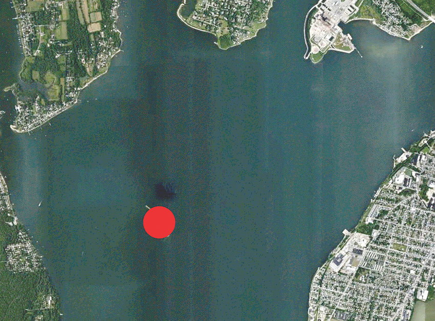 This map shows the approximate location of Monast Island in Mt. Hope Bay in red. Touisset Point in Warren is at top left, east Bristol at left, Tiverton at right and Swansea and Somerset at upper middle to right.