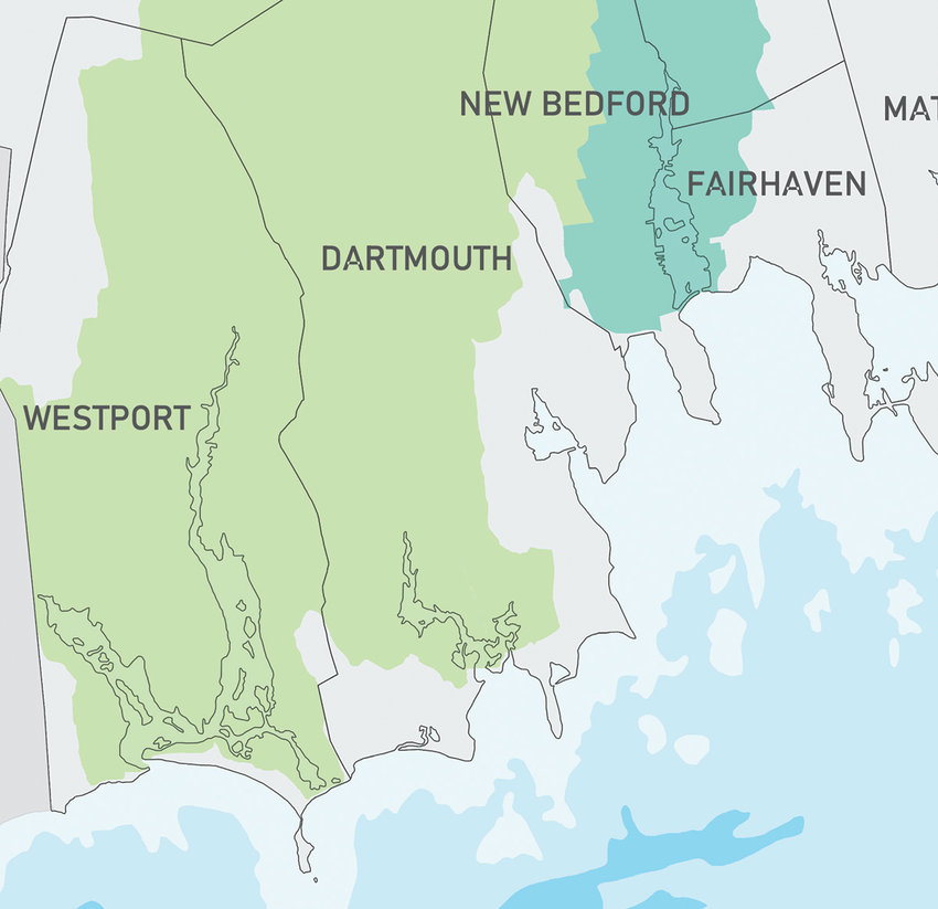 In this map prepared by the Massachusetts Department of Environmental Management (MASSDEP), Westport is depicted almost entirely in light green &mdash; the state's designation for watersheds that may be designated as Natural Resource Areas following the promulgation of proposed Title V amendments. Towns shown in gray either have not yet been evaluated for nitrogen impacts, or have been evaluated and determined not to be impacted by nitrogen.Half of New Bedford, a small part of Fairhaven and most of Achushnet, shown in teal, have already been designated Natural Resource Areas.