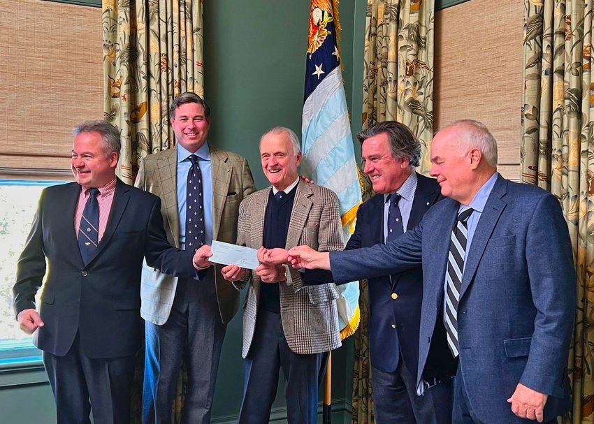 At the check-presentation (from left): Col. Paul Murphy USAF (Ret.) of the Battle of Rhode Island Association, Brian Owens, Tyler Field, Earl McMillen and Walter Reed, president of the Rhode Society.