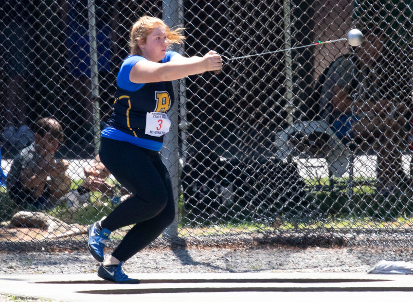 Lily Cregan, shown at the state outdoor track meet last year, won the weight throw event for the BHS girls indoor track team at a recent dual meet.