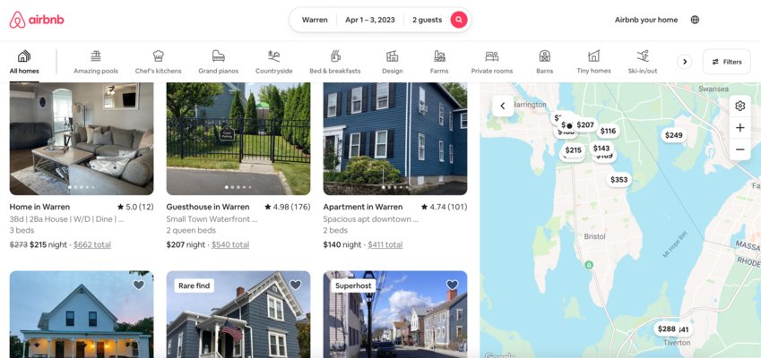 A quick search for available short-term rentals on AirBnB in Warren reveals a good number of choices.