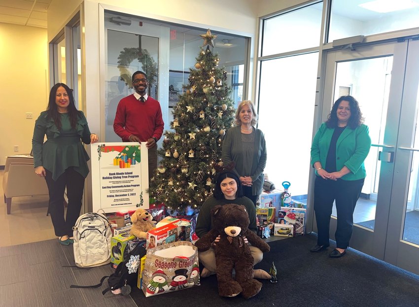 BankRI&rsquo;s Highland Avenue branch in East Providence collected over 100 gifts during the 2022 &ldquo;Holiday Giving Tree&rdquo; program led by employees (left to right)  Chrissy Boi, Highland Avenue Branch Manager; David Holliday Isom, Banker; Ally Gorman, Senior Teller; Susan Herd, Assistant Branch Manager; and Helen Couto, Senior Teller.
