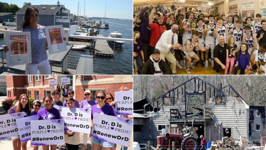 Clockwise from top left: Marissa Ferris stands on the top deck of The Wharf, which earned the accolade of Best Outdoor Dining spot in the East Bay and the Best Restaurant in the East Bay. The town of just over 11,000 people as a whole earned more than 20 victories and mentions in Rhode Island Monthly&rsquo;s annual &ldquo;Best of Rhode Island&rdquo;; The Huskies mens basketball team ended their 2021/22 season with a record of 19-2 and capped a dominant season with their second Division III hoops championship in a four-year span; The aftermath of a fire that started at a barn on Barton Avenue in Touisset on April 16. The third of three blazes that beset the community on Easter weekend; A demonstration in front of Reynolds School in June in support of Dr. Deb DiBiase.
