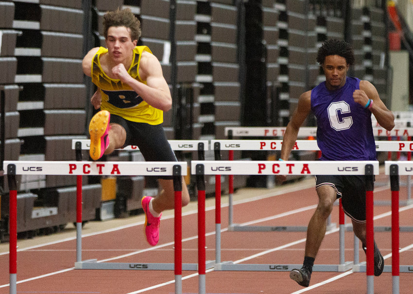 Barrington High School&rsquo;s Ethan Knight, shown in a previous meet, won the 55-meter hurdles and helped the Eagles defeat Classical and LaSalle.