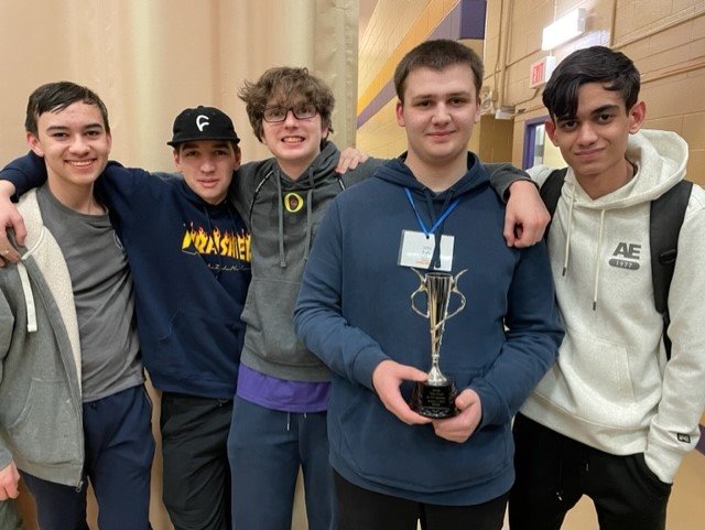 l-r: Adam Coffey, Miles Kindness, Daniel Vittoria, Brian Conway, Aidan Enjeti (Keaton Fisher could not attend), members of the 3351 Taterbots, celebrate winning the &ldquo;Think Award&rdquo; after this weekend&rsquo;s competition.
