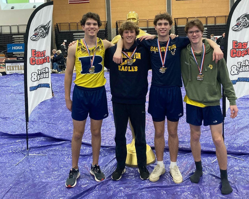 Barrington High School&rsquo;s Eli Terrell, Ryan Martin, Ethan Knight and Bobby Wind (from left to right) won the shuttle hurdle event at the East Coast Invitational on Saturday.