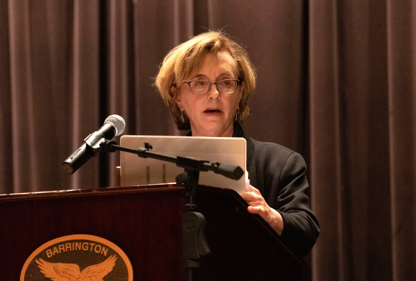 Attorney Sara Rapport is pictured at an appeal hearing for three teachers who were fired by the Barrington School Department after their requests for religious exemptions to the district&rsquo;s vaccine mandate were denied. The Barrington School Committee is now looking for new legal representation.