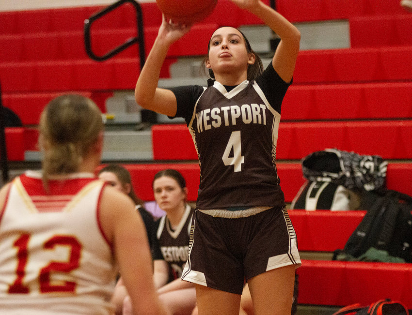 Leah Sylvain drains one of her three 3-pointers and led the team with 15 points and 6 steals during as Westport steamrolled Bishop Connolly 49-14 on Wednesday.