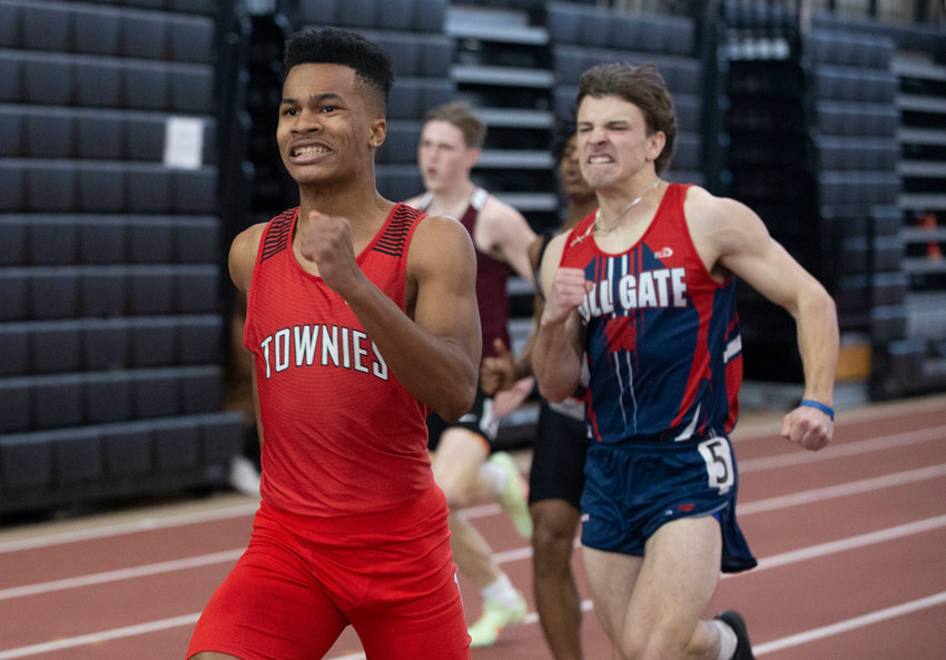 Kit Ruddock runs just ahead of Toll Gate&rsquo;s Domenic Calise during the 300-meter run in the Class A Championships at the Providence Career and Technical Academy on Saturday. Ruddock took gold with a time of 37.16. Calise placed second with a time of in 37.59.