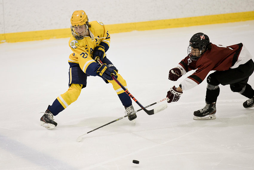 Trevor Snow, shown in an earlier game against East Greenwich, scored Barrington's first goal in the Eagles' 7-3 playoff win over Smithfield on Monday night, Feb. 27.