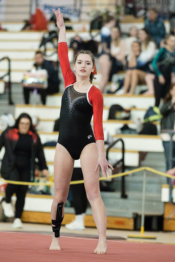 East Providence High School sophomore Carter Bessette performs her floor routine at the 2023 state championship meet Saturday, Feb. 18.