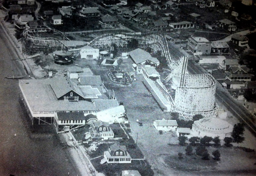 This is an aerial view of Cashman&rsquo;s Park in Island Park, as it appeared in 1927. Notice how much of it was located on the beach (Park Avenue is to the immediate right of the roller-coaster), most of which has since been washed away.