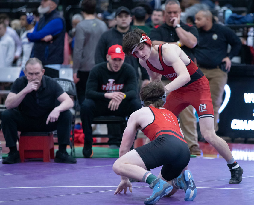 East Providence's Jacob Poore wrestles at 160 pounds during the 2023 state championship meet Saturday, Feb. 25, in Providence.