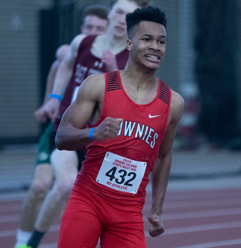 East Providence High School&rsquo;s Kit Ruddock nears victory in the boys' 300 meter race at the 2023 Rhode Island Interscholastic League State Indoor Track And Field Championship Meet held Saturday, Feb. 18, in Providence