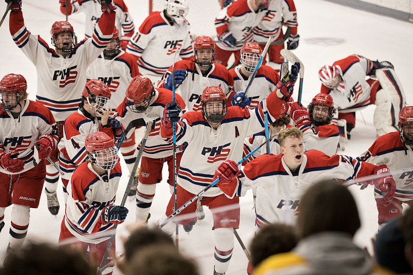 Members of the Portsmouth Patriots boys&rsquo; hockey team cheer as they skate toward fans after the Division II &ldquo;Frozen Four&rdquo; win over Narragansett on Sunday. They&rsquo;ll play for all the marbles this Saturday.