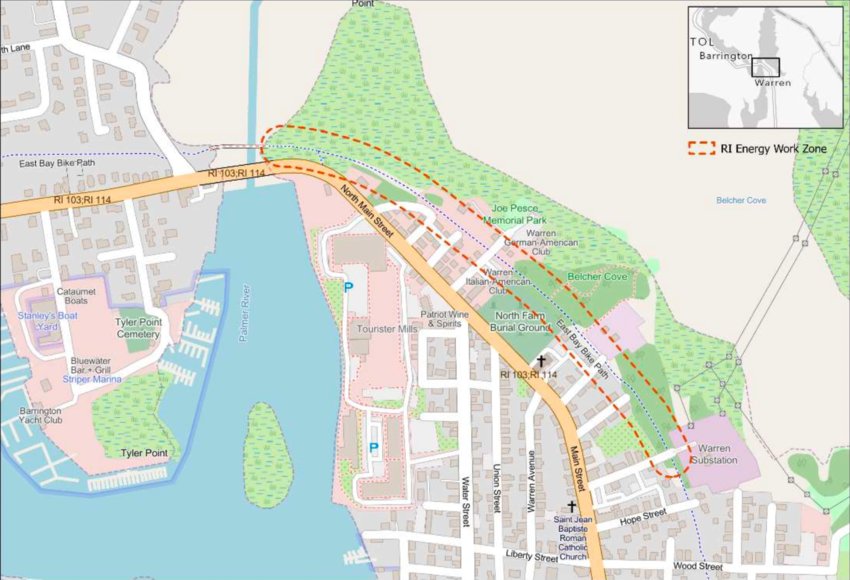 This section of the East Bay Bike Path near the Barrington/Warren Bridge will be temporarily limited to one lane this week.