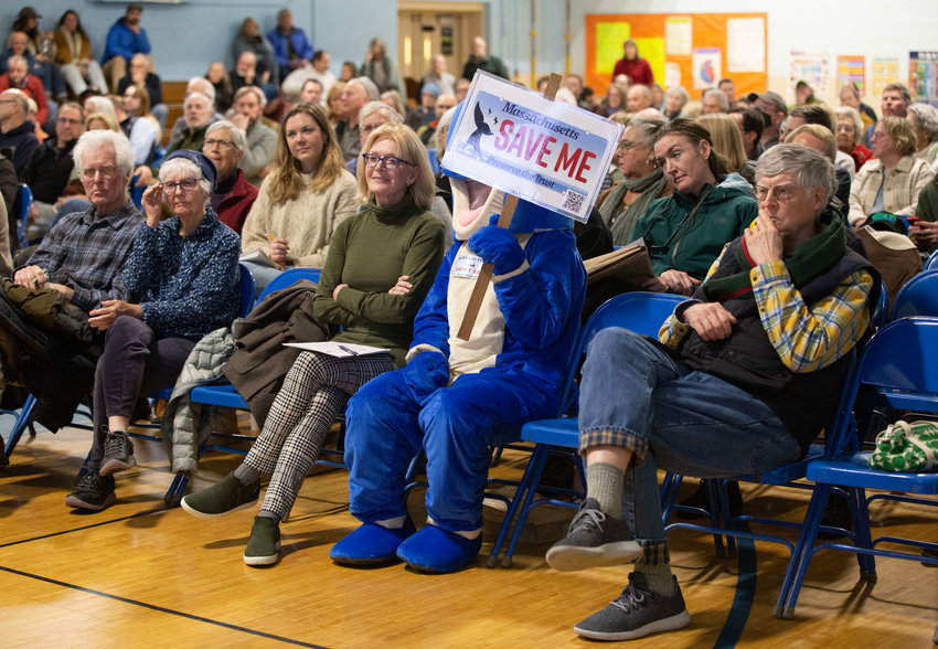 Constance Gee of Westport (middle left), Mary Chalke of Nantucket (in the whale suit) and others listen to Timmons Roberts, a professor of environmental studies and sociology at&nbsp;Brown University&nbsp;and the executive director of the Climate Social Science Network.