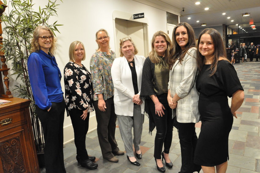 Honored Tiverton and Little Compton teachers (from left) Samantha Reimels, Kim Smith, Carla Woodhouse, Lee Cusumano, Shana Roper, Jill Godbout and Christine Kraus pose for a photo at the recent Lions Club celebration.