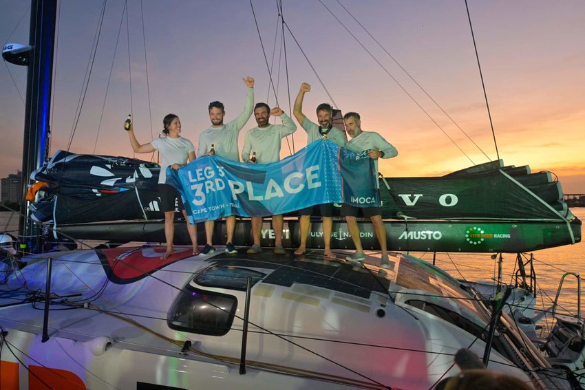The Ocean Race 2022-23 - 5 April 2023. 11th Hour Racing Team finish Leg 3 at 08:20:23 UTC, 37 days, 20 hours, 10 minutes, 23 seconds, 14,840 nautical miles. The crew celebrating.