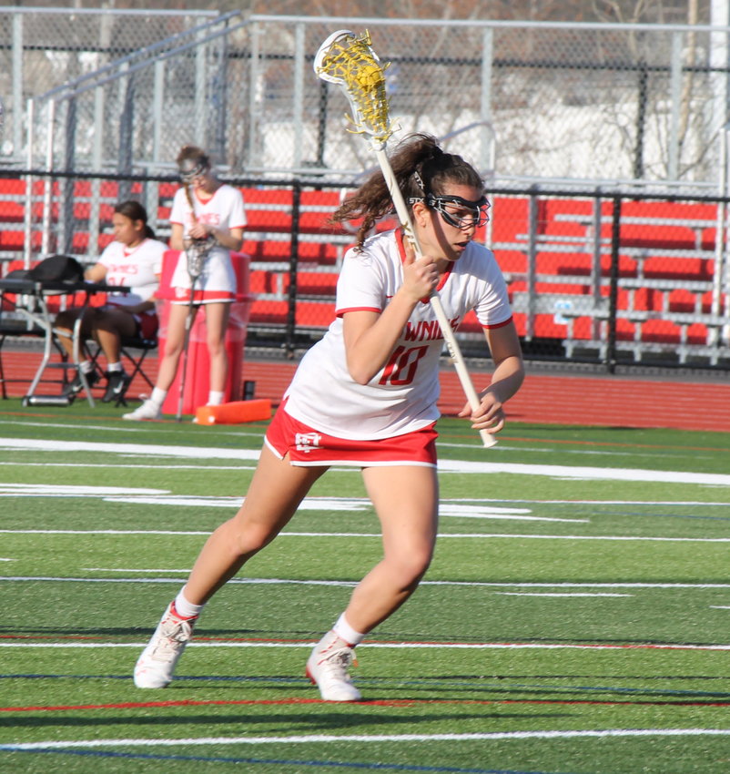 Ryleigh Grant scores the last of her six goals, leading the EPHS girls' lacrosse team to a 16-12 victory over visiting Rocky Hill Wednesday, April 12.