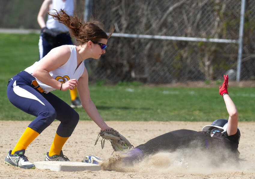 Ace McCoy applies the tag to a St. Raphael&rsquo;s player during a game last week.
