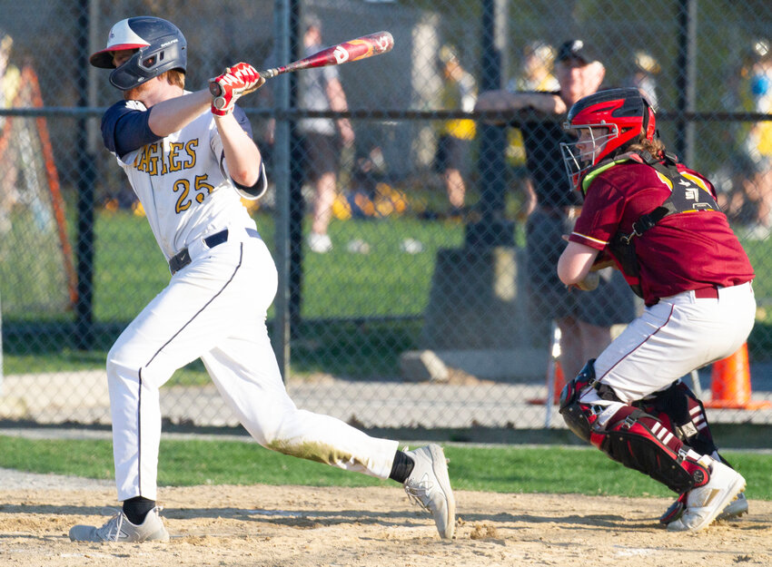 Barrington&rsquo;s Matt Davis delivers a hit for the Eagles during the team&rsquo;s win over Tiverton.