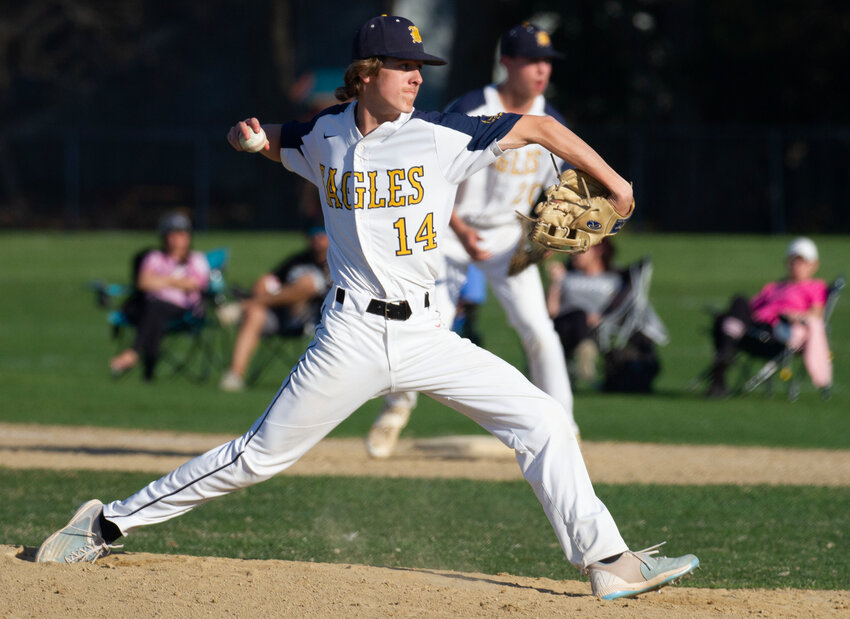 Barrington&rsquo;s Jack Lawson, shown pitching in a game last season, tossed a complete-game shut-out for the Eagles on Tuesday afternoon, April 2.