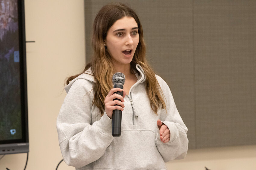 Kaleigh Moran speaks to the School Committee during Thursday night's meeting. The senior created an online petition asking for school officials to reverse their decision to move the graduation date. By 8 p.m., more than 300 people had signed it. &nbsp;