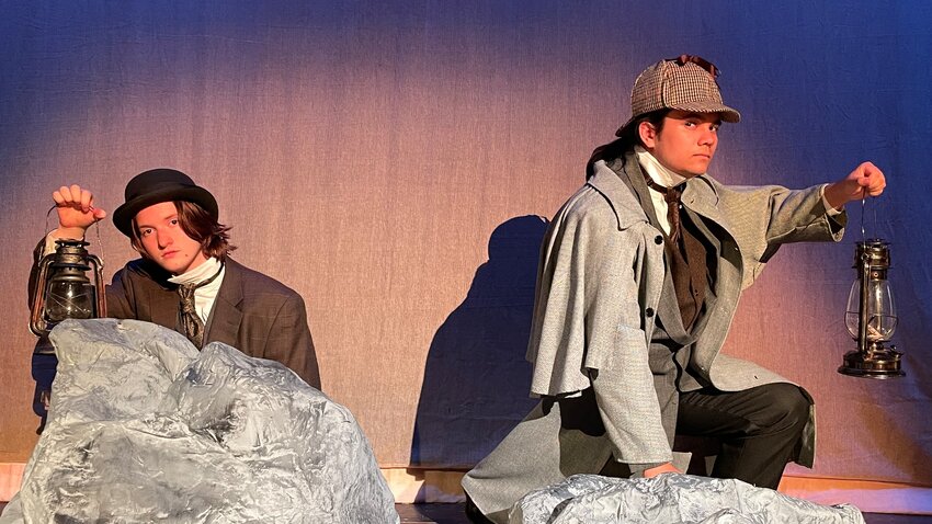 Holmes, played by Aiden Pilipski, (right) and Watson, played by Will Walker, rehearse a scene from the upcoming Stagemasters production of &ldquo;Sherlock Holmes and the Hound of the Baskervilles.&rdquo;