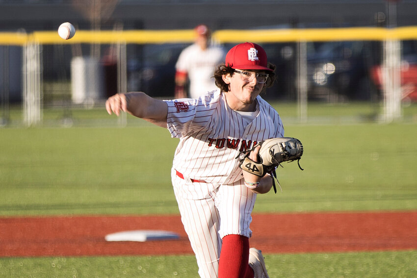 East Providence High School's Dylan Annicelli delivers a pitch during his one-hit, shutout performance against visiting Tiverton Friday night, May 5.