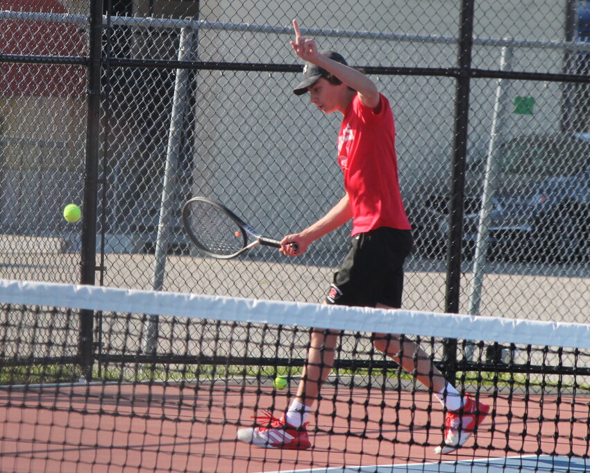 Justin Petion calls a ball out during his match at No. 2 doubles with Jaydon Massa for EPHS against Classical Wednesday, May 17.