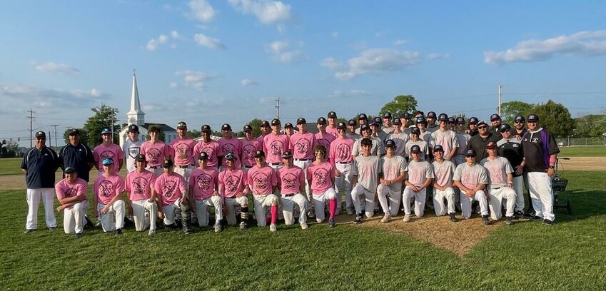 Members of the Barrington High School and Mt. Hope High School baseball teams pose for a photo following Sunday's game.