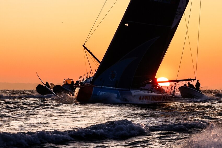 Skipper Charlie Enrighrt and the 11th Hour Racing team crosses the finish line to win Leg 5 and become the new leader in the overall standings on Monday morning.