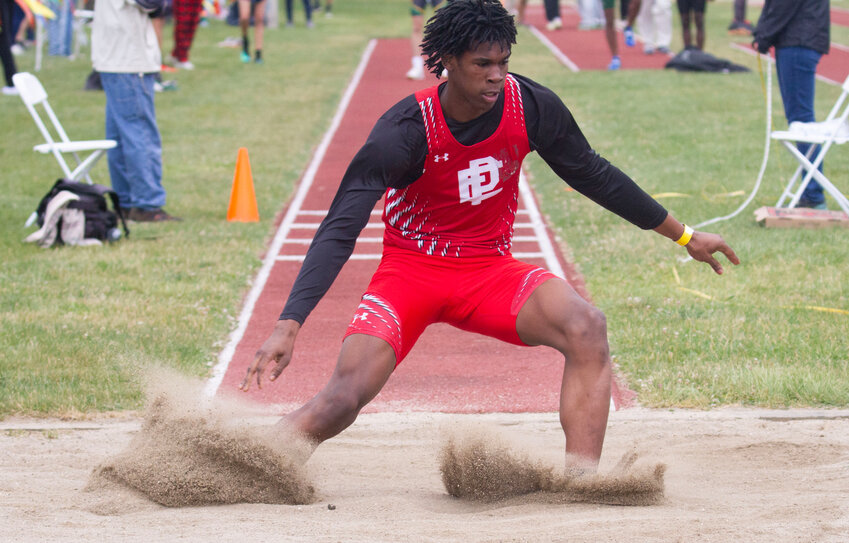 East Providence's Kenaz Ochgwu placed in the boys' triple jump at the 2023 state outdoor track and field meet Saturday, June 3, in Providence.