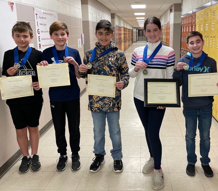 Rhode Island History Day contest winners from Tiverton include (from left) Samuel Messenger, Ben Brigham, William Correia, Abigail Gilfillen and Elena Silvia.