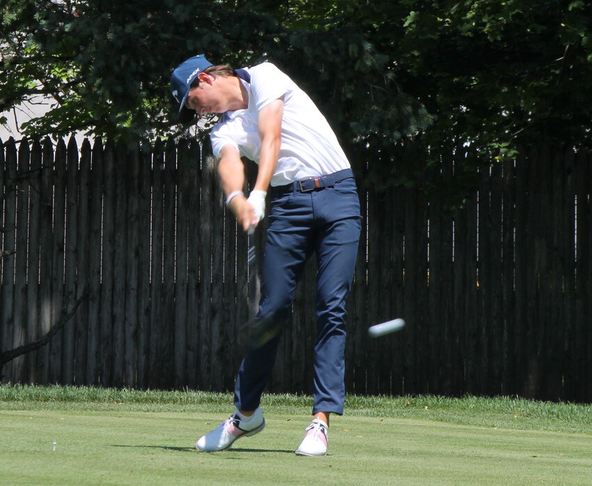 Matt Moloney, of Daniel Island, S.C., a high school senior and University of Georgia commit, tees off on the 18th hole Wannamoisett Country Club Thursday, June 22, during the second round of the 2023 Northeast Amateur.
